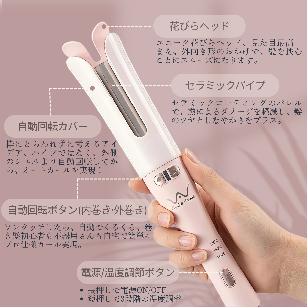 VAV 自動巻きヘアアイロン 160～200℃温度調節可 オートカールアイロン 32ｍｍコテ 簡単便利 スタイリング カーリングワンド 初心者/不器用さん向け 海外兼用