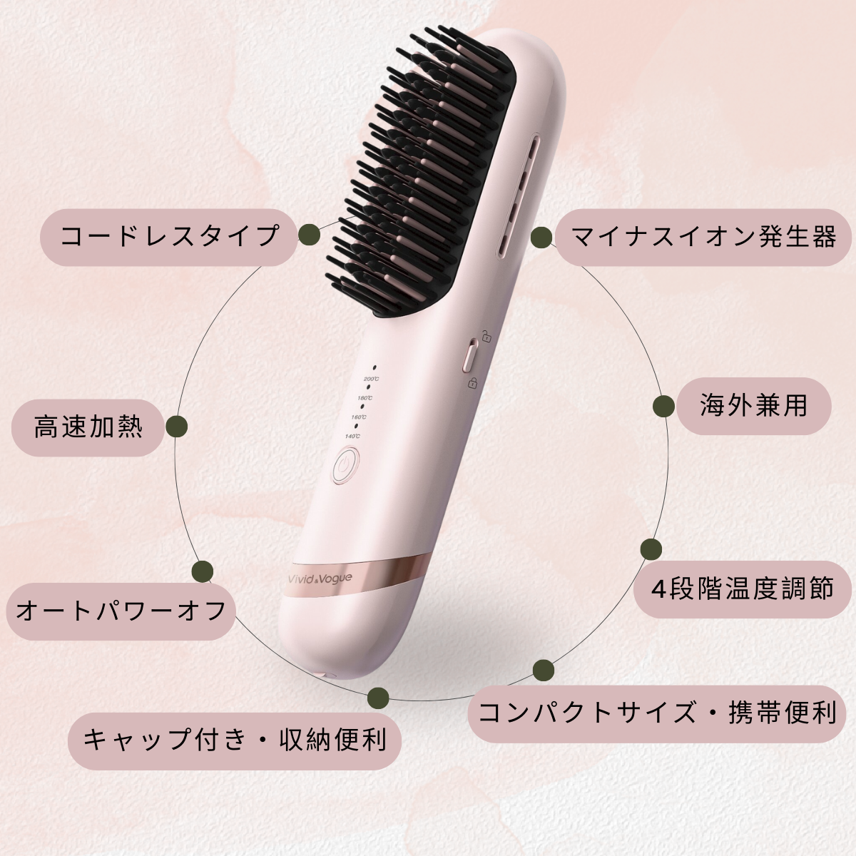 VAV コードレスヒートブラシ コンパクト&軽量&携帯便利&Type-C充電式 ヘアブラシアイロン ボリュームアップ/ストレート/カール/ワンカール多様なヘアアレンジ 海外兼用