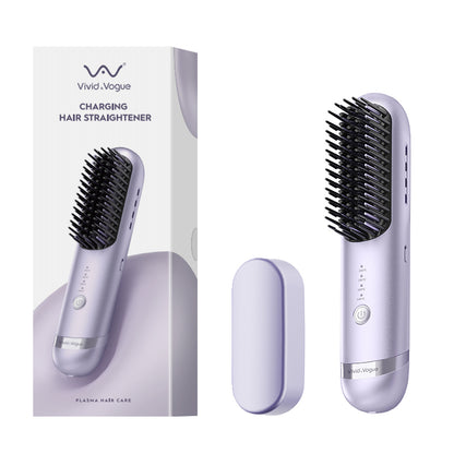 Vivid&Vogue Cordless Hair Straightener Brush, 2 in 1 Curling & Straightening Brush with 200 Million Negative Ions, Mini Travel Hot Straightener Comb for Women, Fast Heating & Dual Voltage